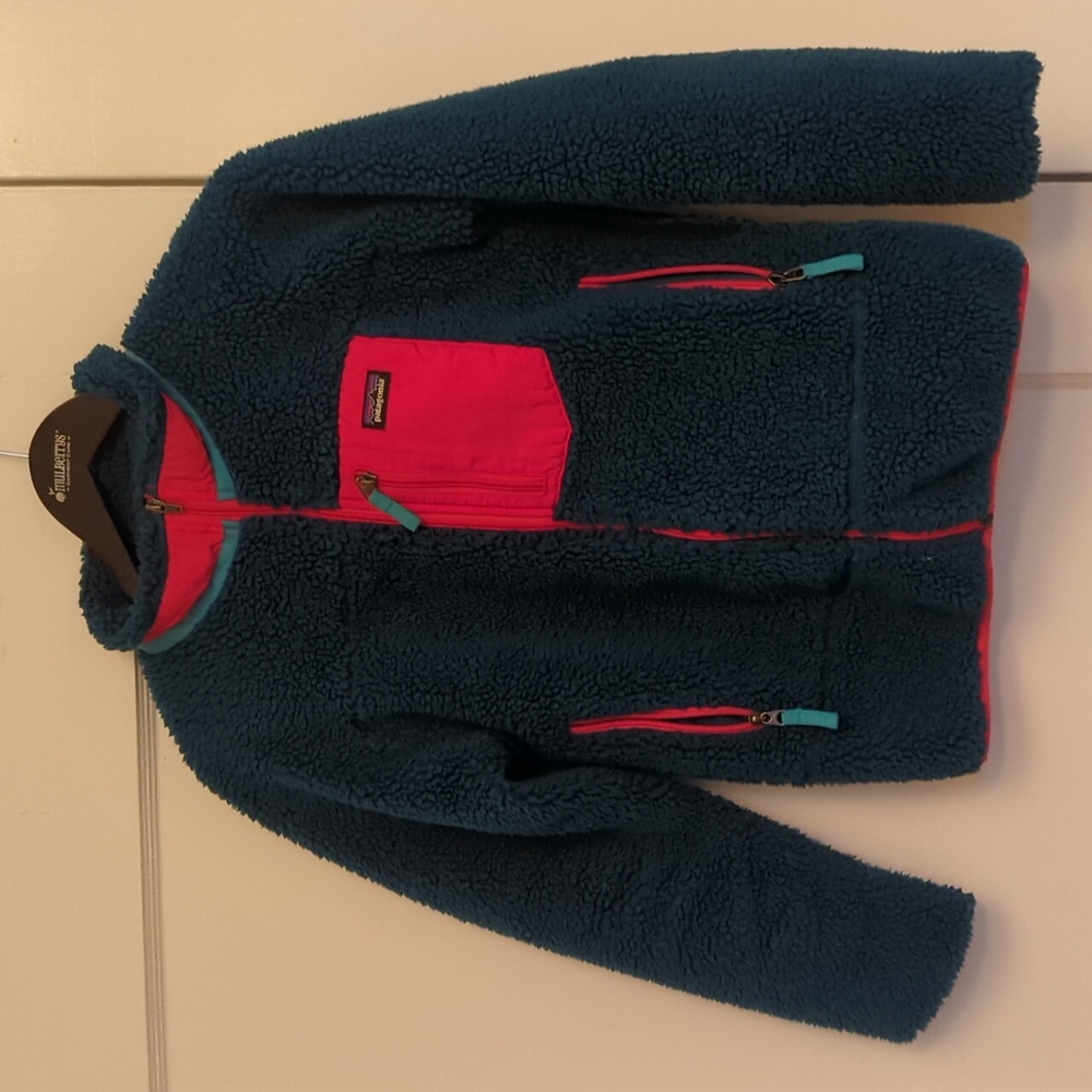 Patagonia kids XL jacket retro x fuzzy turquoise with hot pink trim
